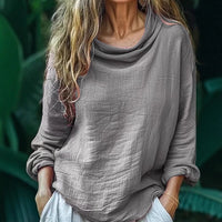 Spring Women's Casual Loose Fashion Long Sleeved Solid Color Pile Collar Pullover Pleated Top