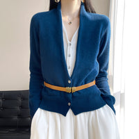 Pure Wool Women's Spring And Autumn V-neck Stitching Coat Knitted Top