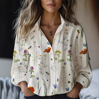 Floral-print Long-sleeve Shirt Delicate Linen Casual Blouse