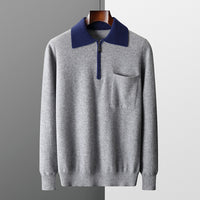 Foreign Trade Men's Autumn And Winter Contrast Color Wool Knitted Half-open Polo Long-sleeved Fleece Sweater