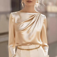 Womens Korean-style Versatile Slant-Neck Long-Sleeve Satin Shirt