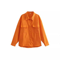 Oversized Loose Orange Imitation Denim Single-breasted Large Pocket Long Sleeve Women's Shirt