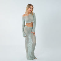 Womens Cropped Long-Sleeve Knitted Top And Skirt Set