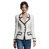 New Womens Elegant Tweed Blazer With Lace Trim