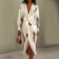 V-neck Long-sleeve Lace-up Printed Maxi Dress
