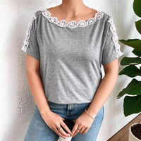 Casual Lace Solid Color Loose Crew Neck Womens T-Shirt