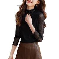 Textured Lace Base Layer Top Fashionable Fringed Mock Turtleneck Trendy Long-sleeve T-shirt For Layering