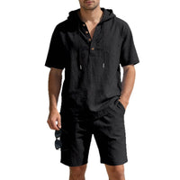 Men's Linen Hooded Casual Set - Loose Fit Breathable Two-Piece Outfit For Summer Daily Wear Holiday Outfit