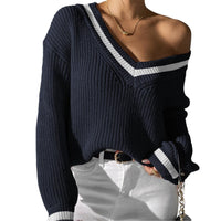 Women's Sweater Contrast Color V-neck Loose Sweater Casual