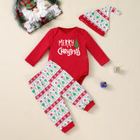 Christmas Tree Print Long-sleeve Bodysuit Pants Hat 3-piece Party Outfit