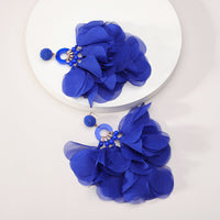 Bohemian Handmade Fabric Chiffon Flower Dangle Earrings For Women Tropical Beach Vacation Party Oversized Statement Jewelry