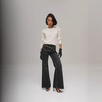 Bow Ribbon Sweet Gentle Small Golden Button Sweater