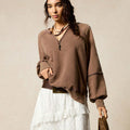 Women's Fashionable V-Neck Long-Sleeve Pullover Sweater Solid Color Top