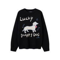 Real Shot Sweet Girl Dog Pattern Loose Pullover