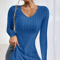 Women's Autumn Winter Coat V-neck Long Sleeve Sunken Stripe Brushed T-shirt