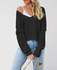 V-neck Solid Color Off-shoulder Loose Hot Sale Knitted Sweater