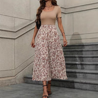 Womens Crew-Neck Elastic-Waist Floral Print Dress