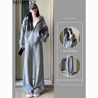 Casual Sportswear Lazy Style Loose-Fit Gray Hoodie With Wide-Leg Pants Two Piece Set