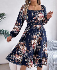 Women's Elegant Floral Print Square Neck Long Sleeve Tie Waist Ruffle A-Line Dress