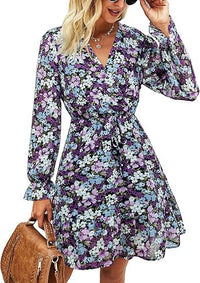 Elegant V-neck Flare-sleeve Floral Long-sleeve Dress