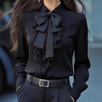 Elegant Ruffle-Trimmed Shirt With A Flowing Bow Tie For Women