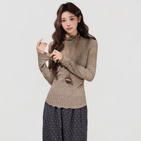 Women's Brown Semi-high Neck Ruffled Waist-cinching Long-sleeved Base Shirt