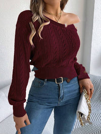 European And American Fashion Cable-knit Off-shoulder Short-length Long-sleeve Top