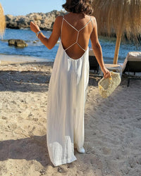 Solid Color Camisole Loose Mid Length Beach Vacation Dress