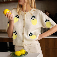 Mango Pattern Knitwear Casual Short Sleeve Button Sweater