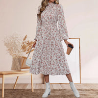 Small-floral Elastic-waist High-neck Long-sleeve Dress