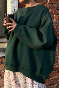 Solid-color Crew-neck Loose-fitting Pullover Hoodie
