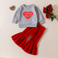 Letter Love Sweater Velvet Flared Pants Girls Two-piece Set