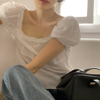 Wood Ear Mushroom-patterned Ruffled-trim Square-neck Puffed-sleeve Shirt
