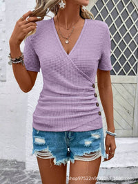 Women's V-neck Pleated Short Sleeves T-shirt