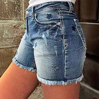 European And American-style Stretch Embroidered Denim Shorts