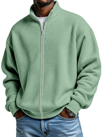 Mens Minimalist Solid-Color Waffle-Weave Stand-Up Collar Zip-Up Jacket