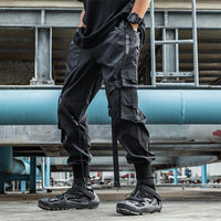 Men's Tooling Trousers, Trendy Brand Streamer, Multi-pocket, Drawstring Casual Trousers