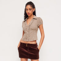 Women's Retro Plaid Lace-Up Small Lapel Shirt