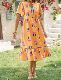 V-neck Loose-fitting Fashionable Floral-print Elegant Short-sleeve Dress