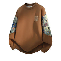 Ethnic-style Vintage Crewneck Fleece-lined Long-sleeve Top