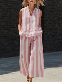 Zip-up Stand-up Collar Shirt And Sleeveless Striped Trousers Two-piece Set