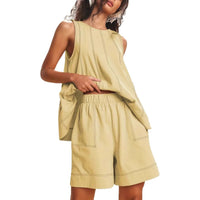 Solid-Color Elegant Crew-Neck Tank Top And Wide-Leg Shorts Set For Women