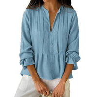 Casual Solid-color V-neck Long-sleeve Striped Cotton-linen Top