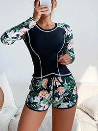 Printed Boxers Conservative Women's Long-sleeved Sunscreen Diving Suit Swimsuit