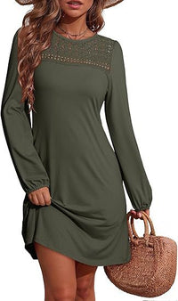 Long-sleeve A-line Solid-color Lace Loose Dress