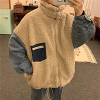 Denim-paneled lambskin coat