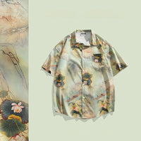 New Chinese Style Ice Silk Men's Breathable Floral New Guo Feng Lapel Vintage Shirt