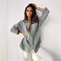 Autumn Simplicity Long Sleeve V-neck Buttons Women's Cotton Linen Shirt