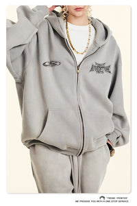 Retro Fashion Brand Dirty Dyed Distressed Oversize Loose Fleece Zipper Sweater