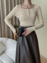 Inner Square Collar White Design Long Sleeve Knitted Sweater